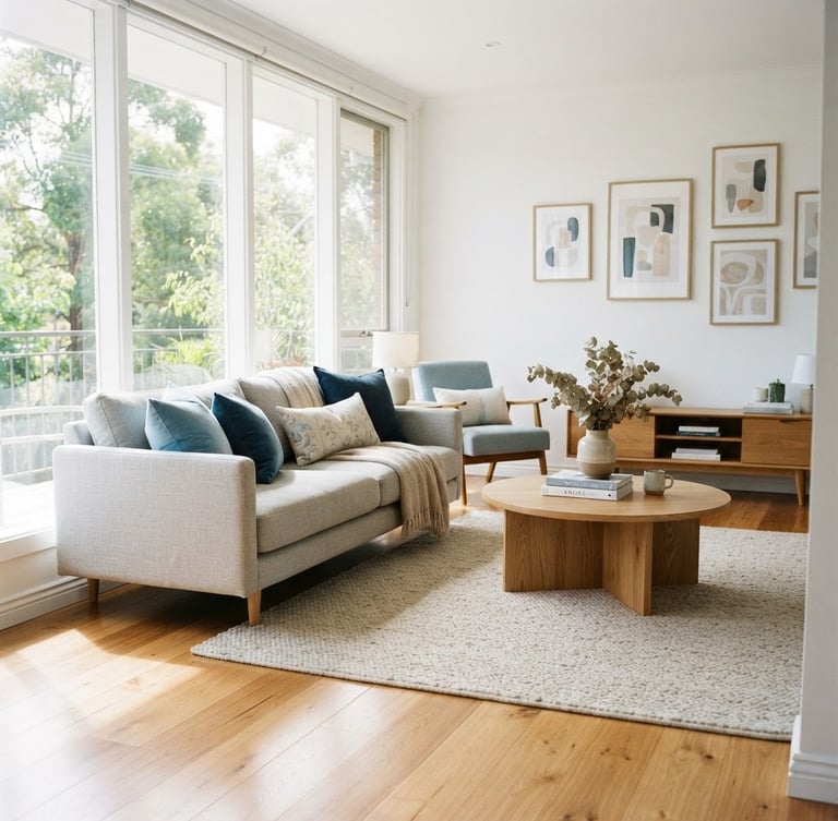 Bright sunlit modern living room with pristine hardwood floors, soft blue accent cushions, natural daylight streaming through large clean windows, 35mm photography