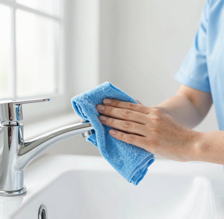 A professional cleaner in neat attire using a microfibre cloth to polish a gleaming chrome faucet, bright natural daylight, close-up details, 35mm