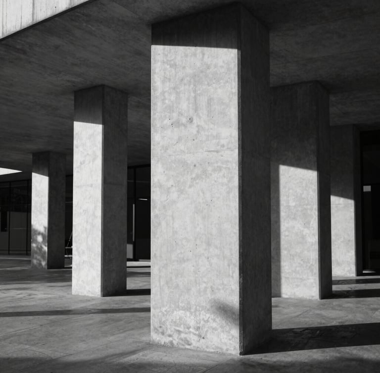 Portrait black and white architectural photograph of concrete pillars and deep shadows in a modern Brazilian pavilion, warm afternoon light hitting raw concrete textures.