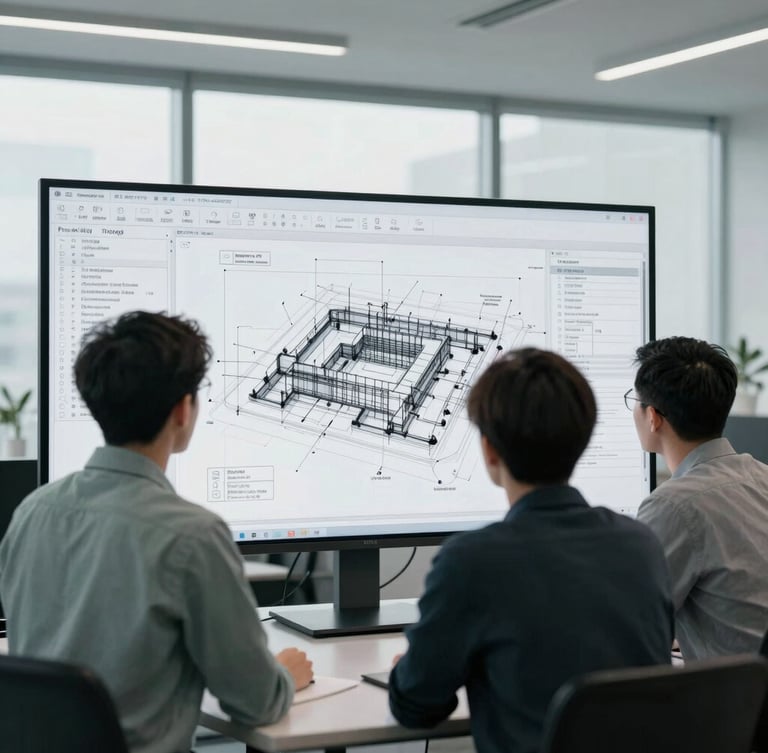 Wide shot of engineers reviewing complex infrastructure blueprints on a large monitor, with technical diagrams visible, in a modern, well-lit office, cool overcast daylight, desaturated slate and sage tones, sharp focus, 35mm