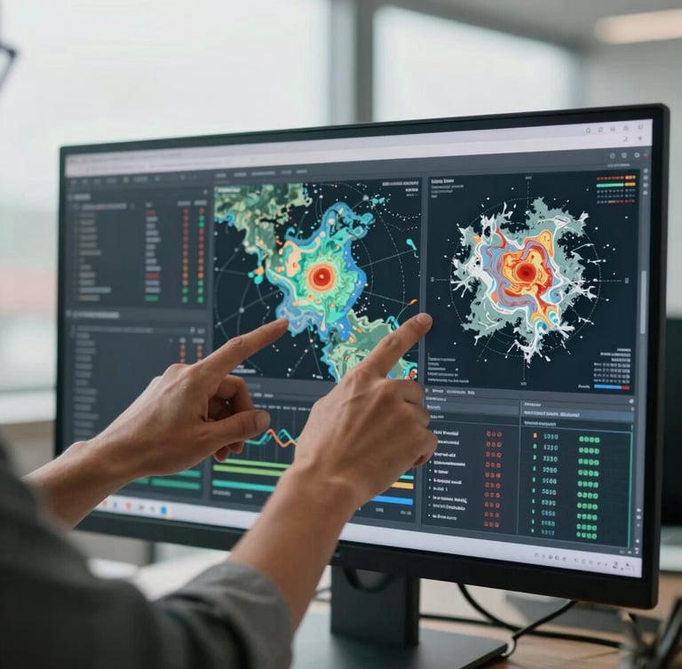 Medium-close shot of an engineer's hands pointing at detailed climate model visualizations on a large monitor, with complex data graphs and geographic overlays, crisp natural overcast daylight, desaturated slate and sage tones, sharp focus, 35mm