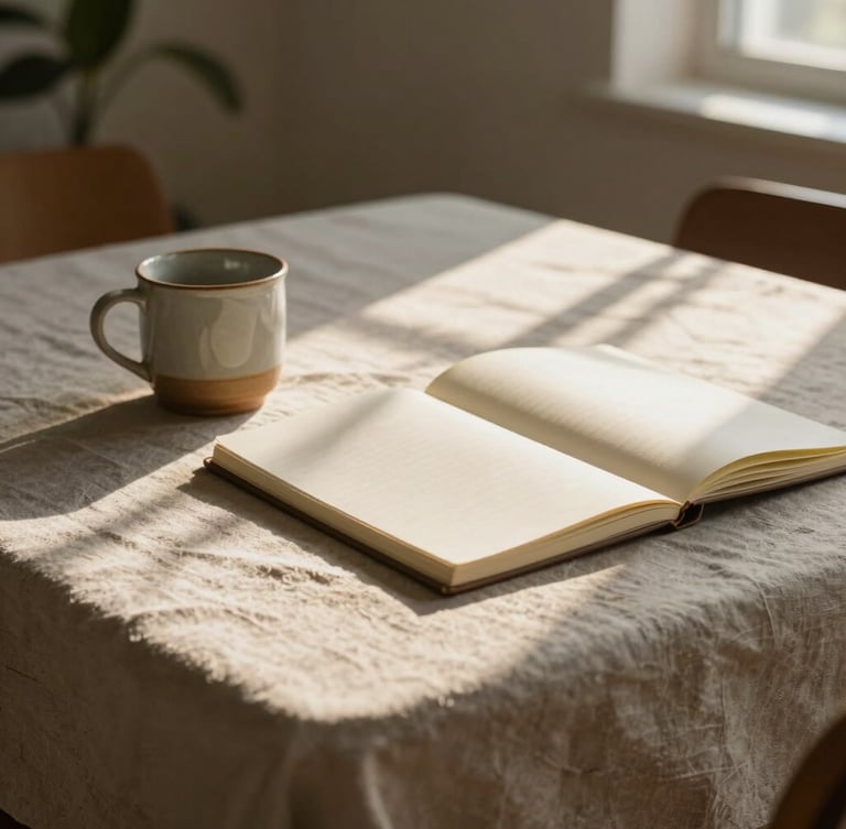 A wide, atmospheric environmental shot of a quiet workspace at morning golden hour. Soft, diffused natural light streams across a textured linen tablecloth, illuminating a simple ceramic mug, a notebook of handmade paper, and soft abstract shadows cast by a nearby plant. No people.