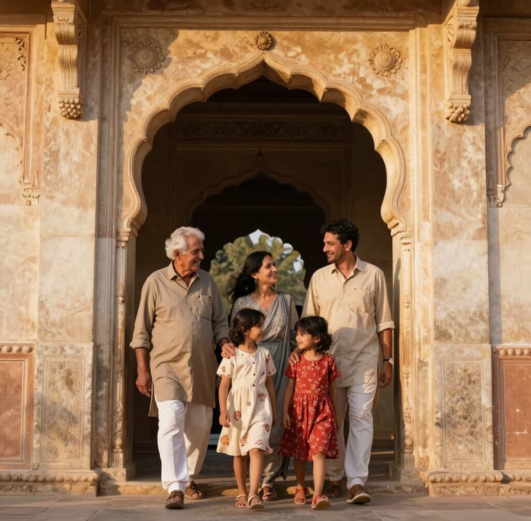 Medium shot of a multi-generational family—grandparents, parents, and children—walking together through a beautifully carved stone archway of a Rajasthani palace, warm golden-hour light casting soft shadows, candid and joyful interaction.