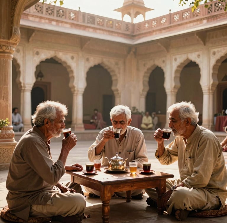 A warm, sun-drenched courtyard of a Rajasthani heritage haveli, three generations of a family sitting together at a low wooden table drinking tea, soft golden light filtering through stone arches.