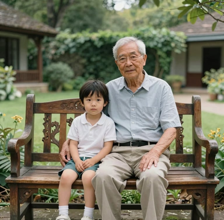 A medium environmental portrait of an elderly grandfather and a young child sitting together on a beautifully carved wooden bench in a quiet, shaded heritage hotel garden, soft diffused natural daylight.