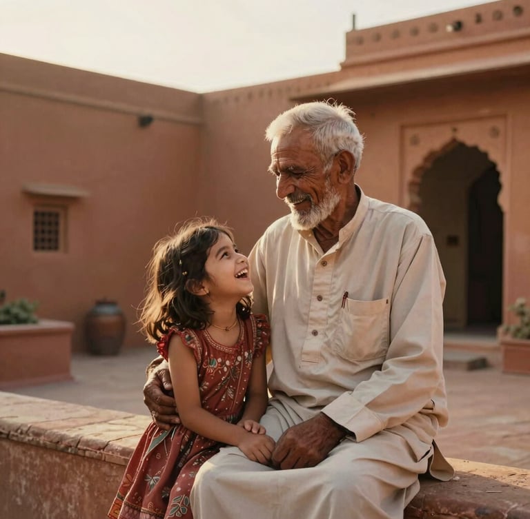 A warm environmental portrait of an elderly grandfather and his young granddaughter laughing together in a sunlit, terracotta-walled courtyard in Rajasthan, soft golden-hour light.