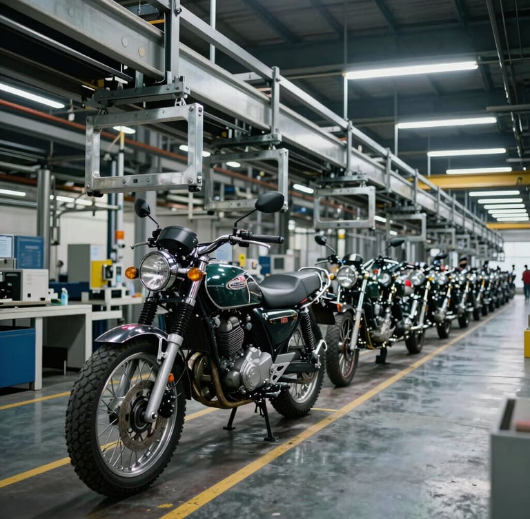 Wide-angle industrial shot of a motorcycle assembly line, cool-toned factory floor lighting, steel frames suspended from overhead conveyors, metallic textures.