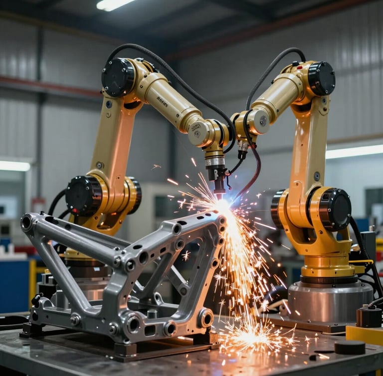 Wide-angle view of a robotic weld arm casting bright orange sparks onto a heavy-duty motorcycle chassis frame, cool-toned industrial factory background with metallic reflections.