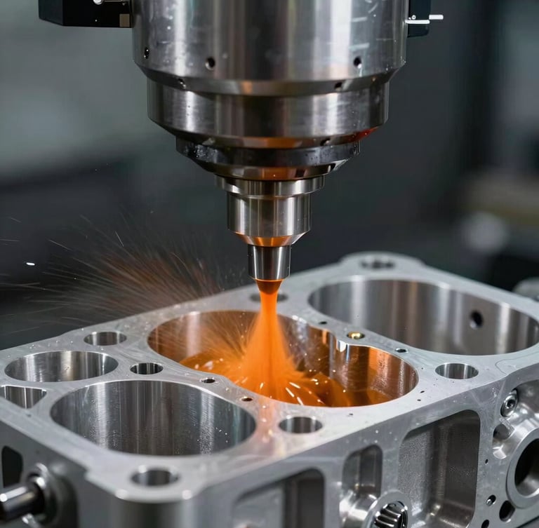 Macro close-up of a high-precision CNC milling machine cutting a billet aluminum engine block, cool metallic silver surfaces, sharp orange cooling fluid spray, industrial high-contrast lighting.