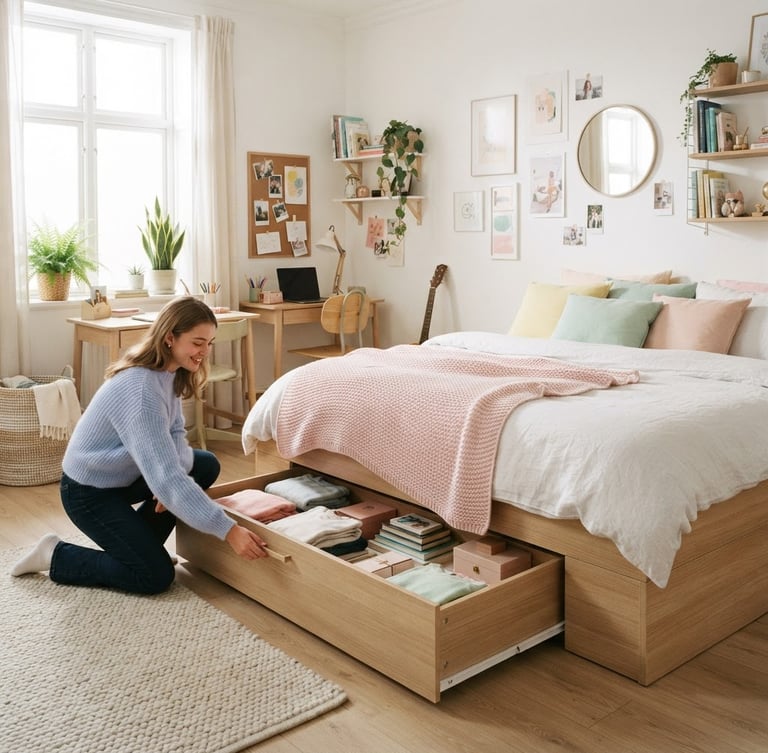 Bright Scandinavian teen bedroom, natural window daylight, light wood storage drawer bed sliding open, soft pastel accents, 35mm lens