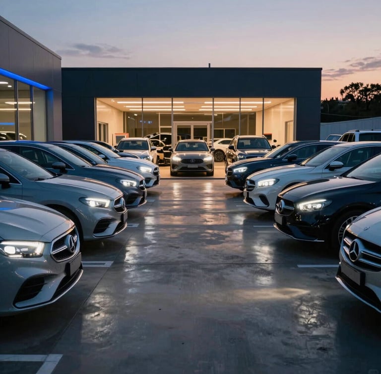 Wide-angle environmental shot of a premium car dealership lot at dusk, rows of clean modern vehicles with sharp headlights glowing, electric blue ambient lighting from the showroom reflecting on polished concrete.