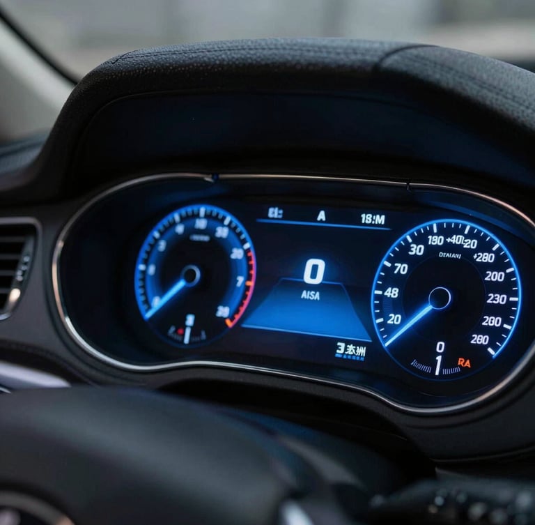 Tight macro shot of a modern car dashboard instrument cluster glowing with sharp electric blue light, high contrast studio lighting, deep shadows.