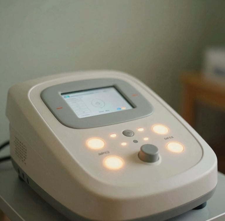Close-up of advanced bio-resonance wellness equipment with soft glowing indicators, warm natural light, muted sage background