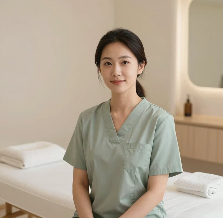 Serene warm-lit portrait of a professional female therapist in a soft alabaster wellness clinic, minimalist luxury spa setting, shallow depth of field