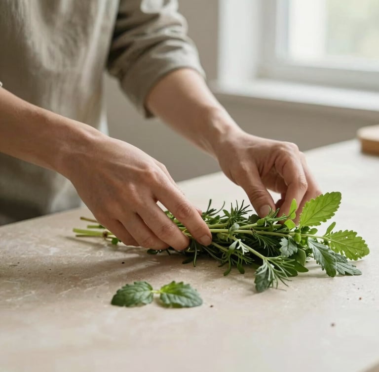 Close-up of hands preparing fresh organic herbs on a light stone counter, soft diffused window light, warm editorial style