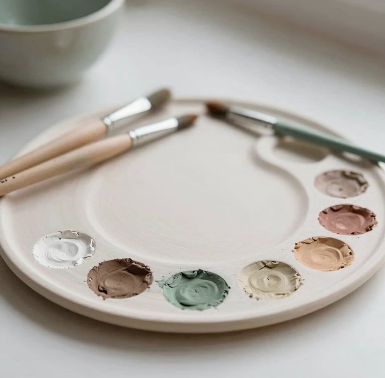 A ceramic palette with earthy clay paint pigments, paintbrushes resting nearby, soft natural side lighting, shallow depth of field