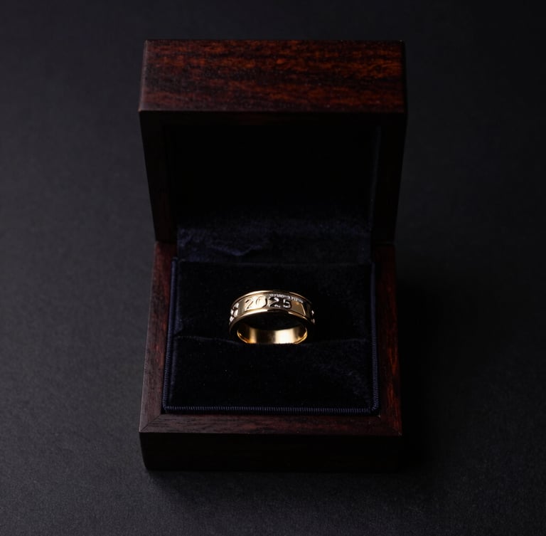 Minimalist overhead shot of an open, dark polished wooden presentation box, revealing a velvet-lined interior with a single 2026 FIFA World Cup Championship Ring resting inside, soft single-source lighting creating subtle shadows, deep obsidian and gold tones.