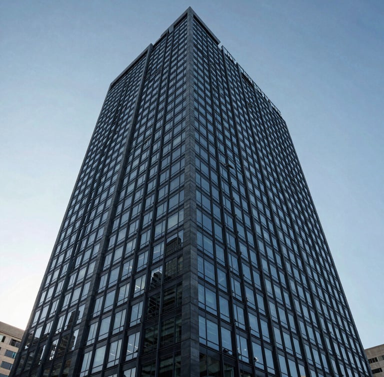 Low-angle architectural shot of a modern glass-and-steel corporate skyscraper in Mexico City, sharp cool-toned morning light, deep blue and slate gray shadows, 35mm editorial photography.