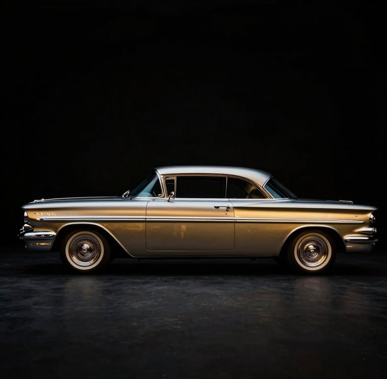 A classic 1958 Chevrolet Impala silhouette, side profile, captured in a dark studio with sharp golden-hour highlights tracing the chrome fenders.