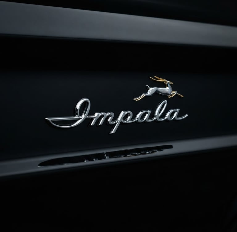 Dramatic close-up of a pristine chrome Chevrolet Impala emblem on a midnight black fender, sharp reflections, low-key studio lighting