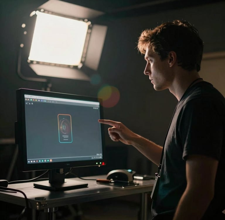 Behind-the-scenes on-set moment with a director looking at a monitor under moody studio lighting, dramatic chiaroscuro, cinematic film photography, 35mm