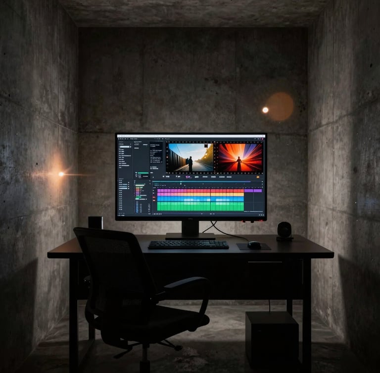 A minimalist high-contrast production studio interior in Jakarta, concrete walls, dramatic chiaroscuro lighting, a high-end editing suite with a glowing monitor displaying a cinematic color-grading timeline, 35mm film style.