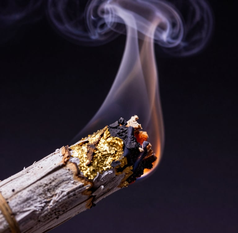 Macro close-up of burning white sage smudge stick, thick aromatic smoke rising against a pitch black background, warm golden embers glowing.