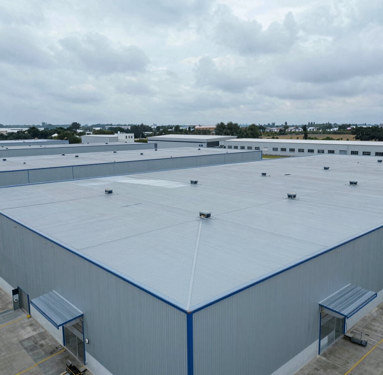 Wide-angle drone shot of a newly completed logistics warehouse roof, crisp overcast daylight, metallic blues and cool grays, 35mm.