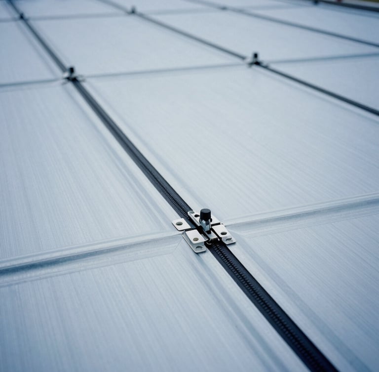 Close-up of a double-lock zip-roofing seam being profiled on-site by specialized machinery, metallic blue tone, crisp overcast light, 35mm