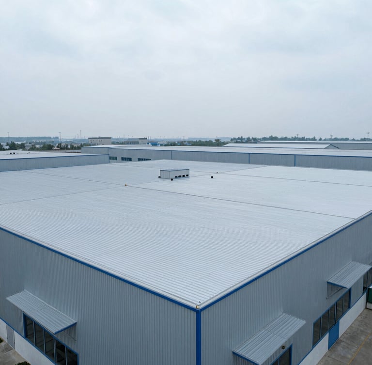 Wide-angle aerial perspective of a massive modern industrial warehouse roof with clean metal seams, crisp overcast daylight, cool metallic blue tones, 35mm