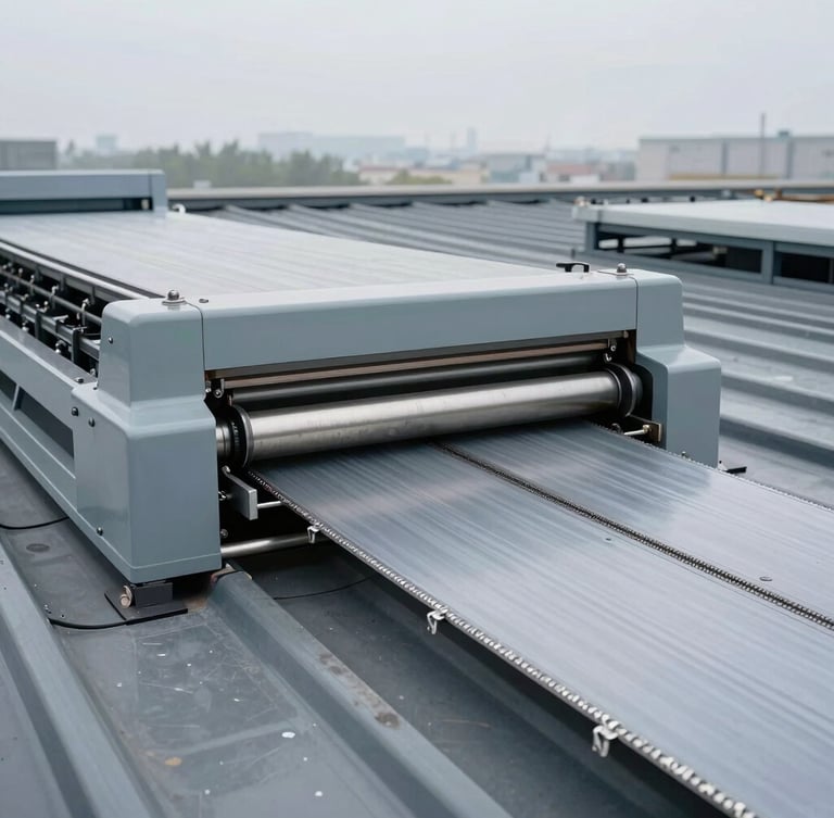 Close-up of industrial roll-forming machinery in action on a roof, profiling double-lock zip seams, crisp overcast daylight, metallic gray tones, 35mm.