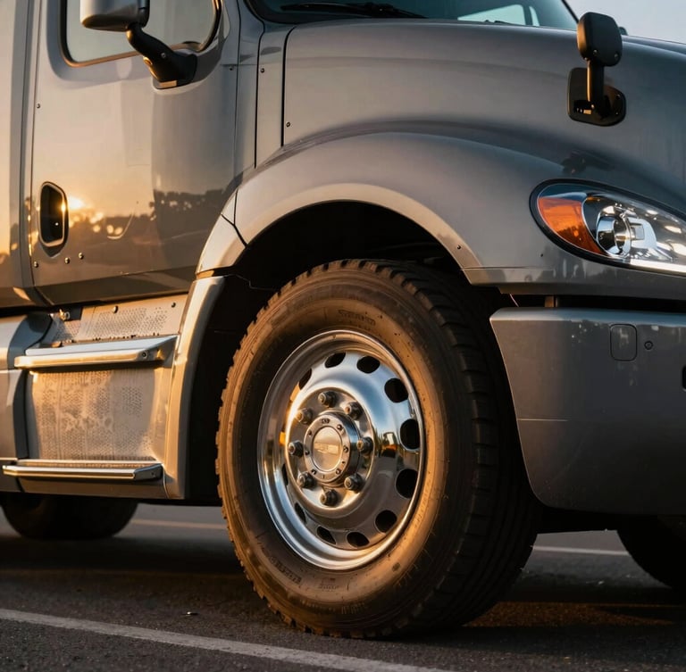 Close-up of a modern semi-truck chrome wheel and side grill, dramatic golden hour side-lighting, sharp details