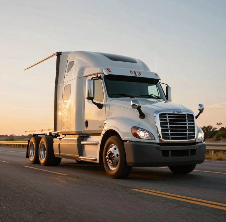 Low-angle hero shot of a modern Class 8 semi-truck on an open US highway at golden hour, dramatic side-lighting on chrome details, 35mm.