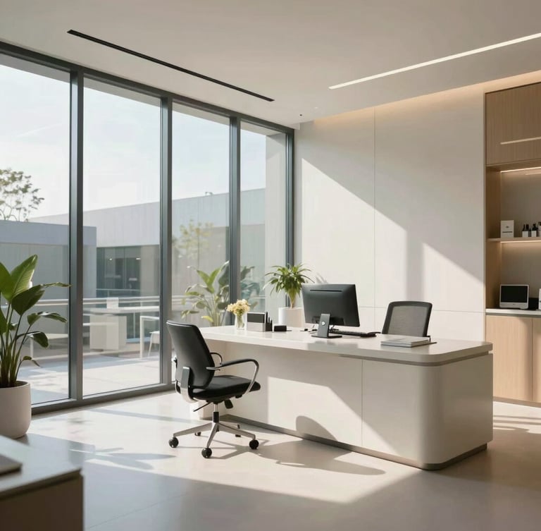 Sunlit, ultra-modern medical consultation office in Sonata, clean glass walls, high-end minimalist design, warm natural daylight.