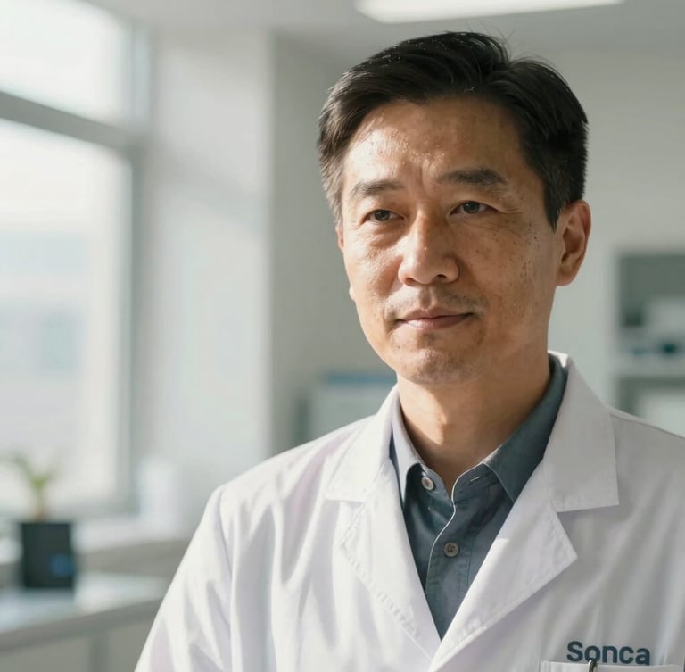 Close-up portrait of a professional medical specialist in a bright, sunlit modern clinic in Sonata, warm natural daylight, clinical white coat, confident expression.
