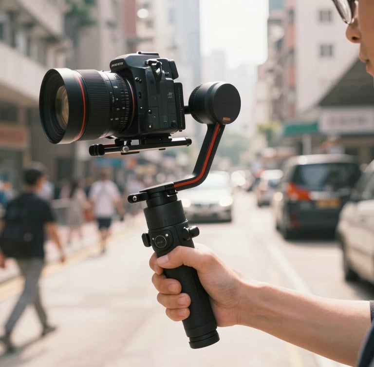 Dynamic Dutch angle close-up of a content creator holding a camera stabilizer on a busy Mong Kok street, bright warm daylight, high energy motion blur