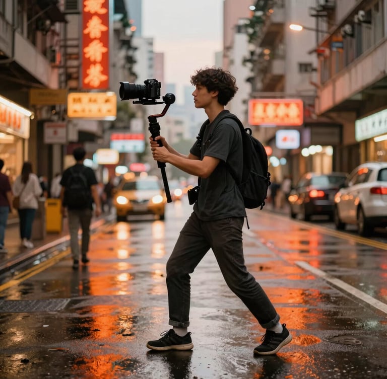 Dynamic wide-angle action shot of a young creator holding a camera stabilizer on a bustling Mong Kok street at dusk, neon signs reflecting on wet asphalt, warm saturated orange tones.