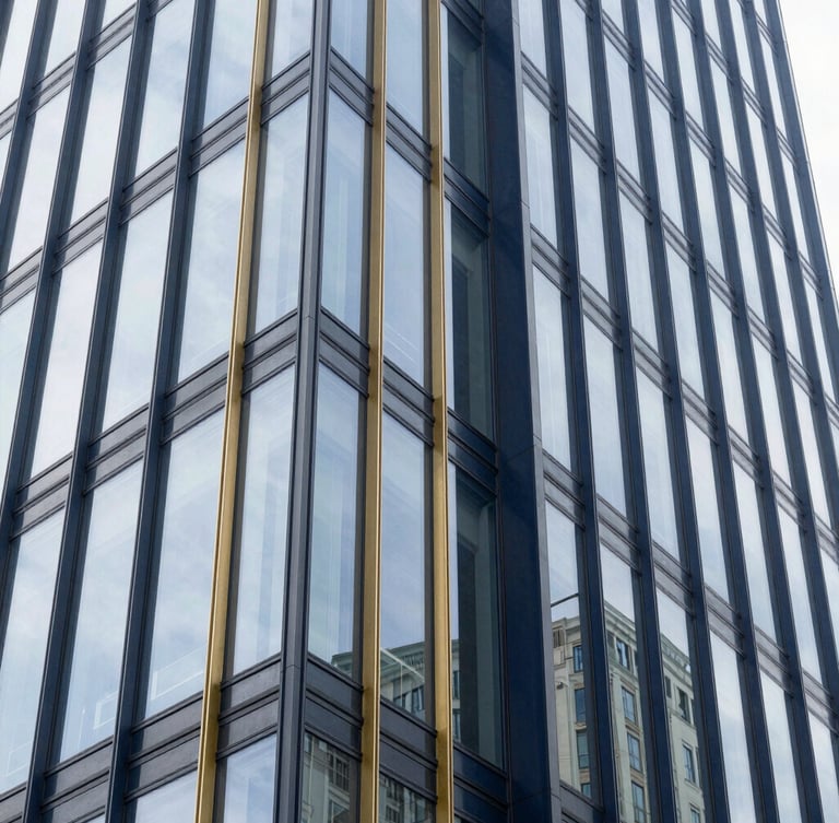 Vertical architectural shot of a modern glass office building facade, sharp geometric lines pointing upward, bright daylight, editorial style