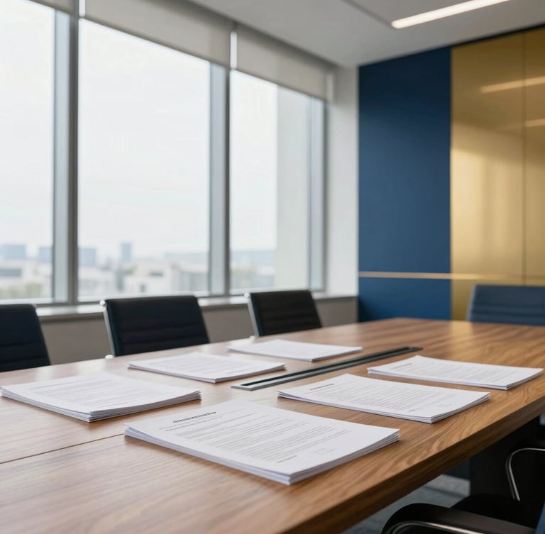 A bright corporate boardroom with large windows, natural daylight illuminating architectural lines, professional documents arranged neatly on a solid oak desk, premium editorial style