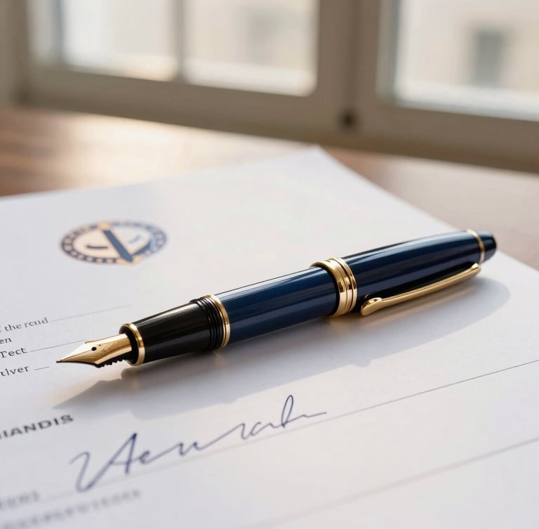 Close-up of a premium fountain pen resting on a signed corporate patent document, warm golden afternoon window light, deep navy shadows, professional editorial style.
