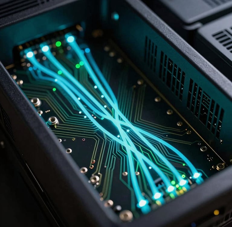 Macro close-up of a high-performance server rack, glowing cyan data pathways pulsing through dark circuitry, sharp focus, high contrast