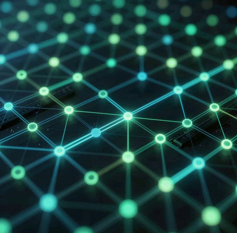 Close-up of a stylized digital energy grid network with glowing nodes and sharp technical pathways, low-key moody lighting, macro lens focus.