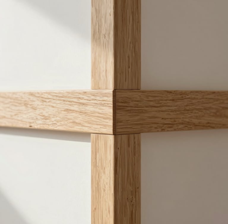 Extreme close-up detail of a silent wood joint in light oak, architectural shadows, bright diffused natural daylight, minimalist architectural photography