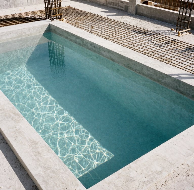 Architectural portrait of a luxury concrete pool under construction, steel reinforcement grids visible before concrete pouring, bright daylight, precise engineering work, 35mm