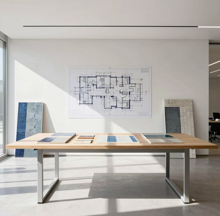 Minimalist modern architectural office interior with large drafting tables, technical pool blueprints on the wall, and samples of Italian mosaic tiles under bright natural daylight, 35mm