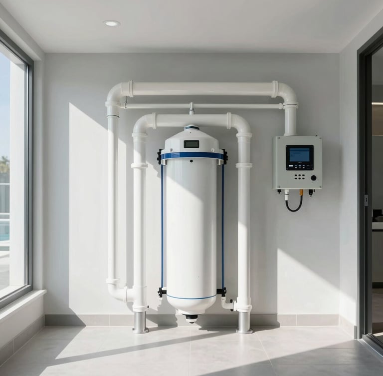 A clean, modern pool filtration room with neatly arranged PVC pipes, automated salt-chlorination systems, and digital control panels, high-contrast architectural lighting