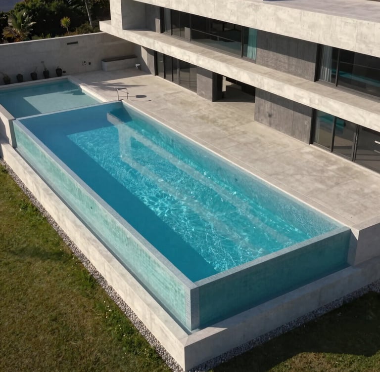 Wide architectural drone shot of a clean geometric infinity-edge pool integrated with a modern concrete villa at sunset, sharp shadows, high-contrast daylight