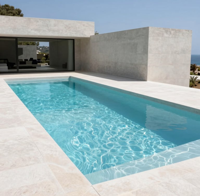 Wide architectural photograph of a minimalist zero-edge swimming pool integrated with a modern concrete villa, bright natural Mediterranean daylight, sharp geometric shadows, 35mm
