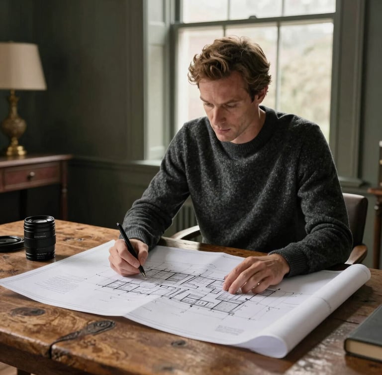 Anthony Carey in a charcoal cashmere sweater reviewing architectural blueprints on a rustic oak table, warm natural window light, elegant and quiet setting, 35mm lens.