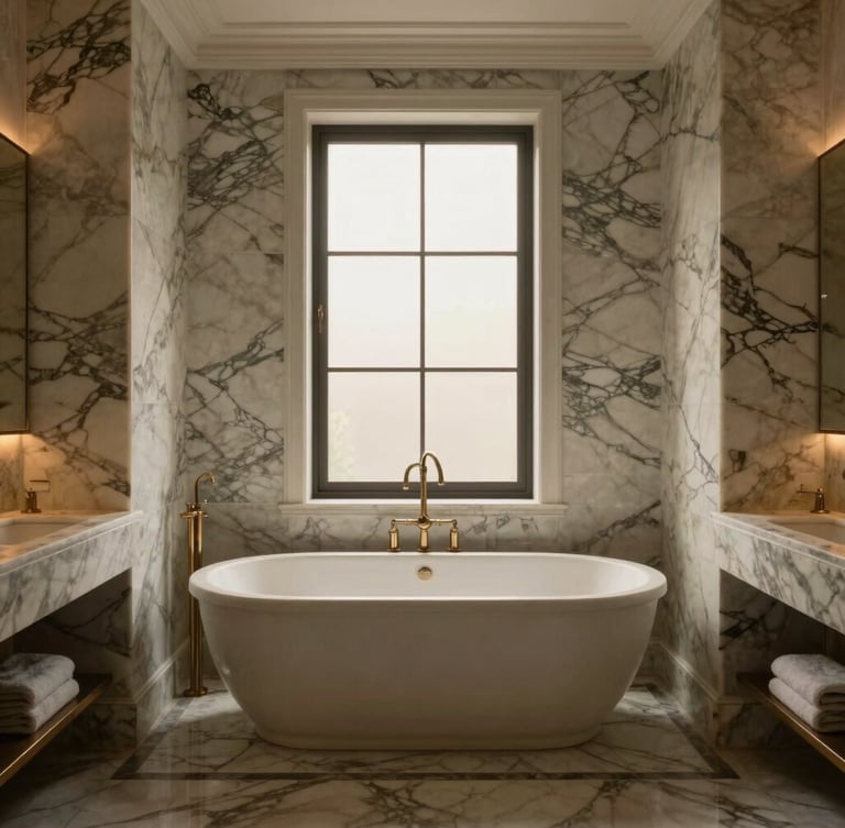 Symmetrical, straight-on architectural photograph of a luxury master bathroom, warm natural window light, veined Calacatta marble joints, freestanding stone tub, 35mm lens, rich moody tones.